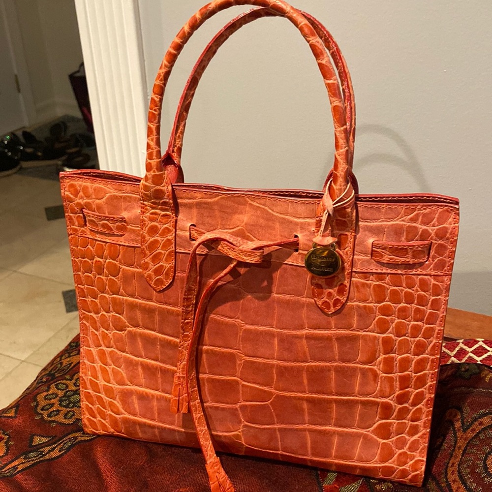 Orange Croc-Embossed Leather Tote Bag - Chic Structured Handbag